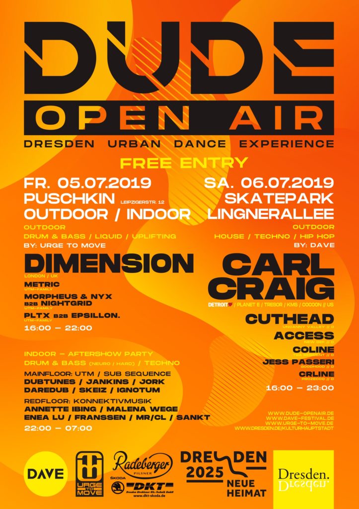 DUDE Open-Air 2019. 5. und 6. Juli in Dresden mit Carl Craig , Dimension und vielen anderen. Free Entry